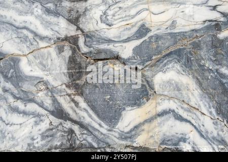 Una splendida superficie di marmo grigio mostra intricate venature bianche e motivi naturali, mostrando la bellezza di questa pietra in un contesto decorativo Foto Stock