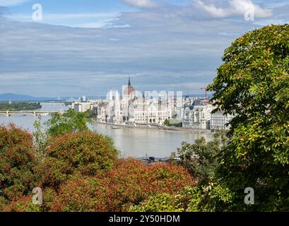 Vista panoramica del Parlamento di Budapest lungo il Danubio Foto Stock