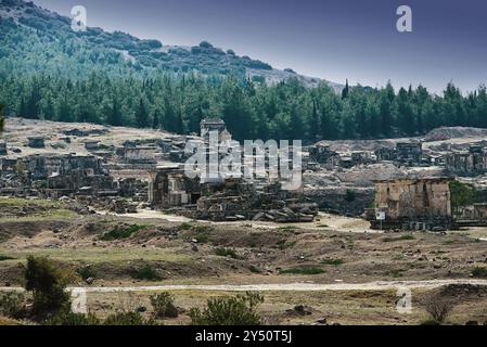 Rovine, edifici e paesaggi naturali per viaggi, turismo e vacanze sulle colline della Turchia. Antica architettura, foresta e storia archeologica Foto Stock