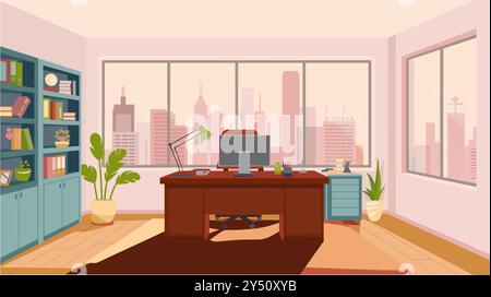 Interni moderni per uffici con mobili e piante Illustrazione Vettoriale