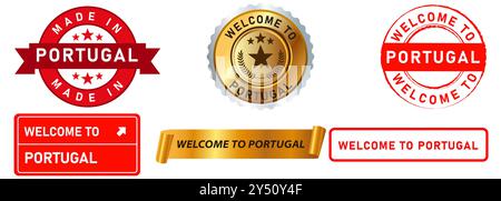 Benvenuti in Portogallo località turistica luogo di destinazione europea famoso marchio paese etichetta etichetta etichetta design set collezione illustrazione Illustrazione Vettoriale