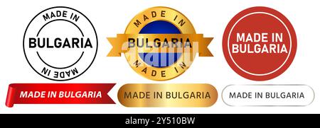 Prodotto fabbricato in Bulgaria prodotto esportato produzione marketing timbro distintivi colorati adesivi emblema design set collezione Illustrazione Vettoriale