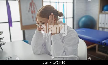 Fisioterapista in clinica stressata che tiene la testa con la mano in un gesto di mal di testa o preoccupazione. Foto Stock