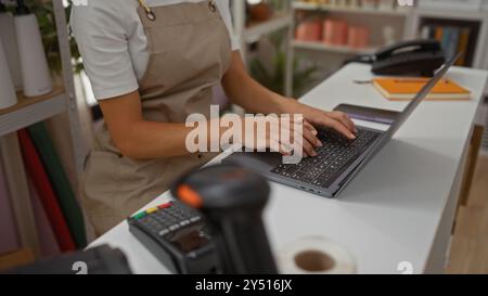 Giovane donna che lavora in interni in un negozio di arredamento, scrive le mani sul laptop, mostra una scena femminile in un negozio con una donna che utilizza la tecnologia per l'arredamento Foto Stock