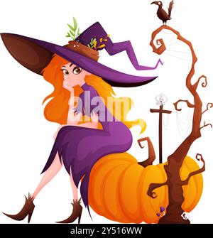 Una strega cartoni animati con un grande cappello viola si trova su una zucca, circondata da un albero spaventoso e un corvo arroccato. Illustrazione Vettoriale