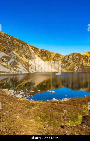 Lo splendido specchio d'acqua chiamato Loch Brandy, un lago di montagna a Glen Clova, Angus, Scozia Foto Stock