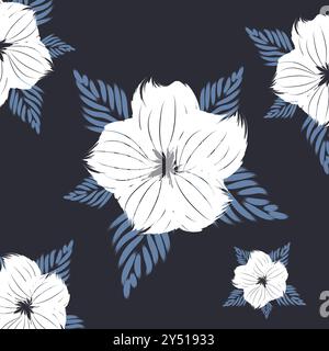 Un fiore bianco disegna lo stile dei gamberi su uno sfondo blu scuro. Un tradizionale tessuto floreale senza cuciture di fiori e foglie Illustrazione Vettoriale