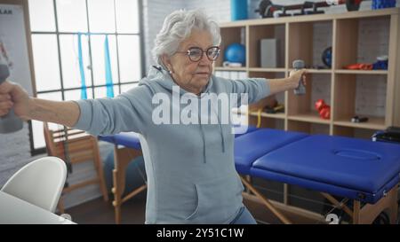 Donna anziana che fa esercizio con i manubri nella clinica di riabilitazione interna. Foto Stock