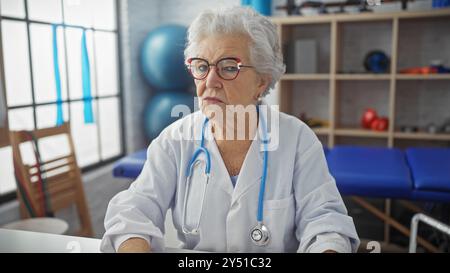 Un medico anziano con un camice da laboratorio bianco siede con cura in un centro di riabilitazione illuminato. Foto Stock