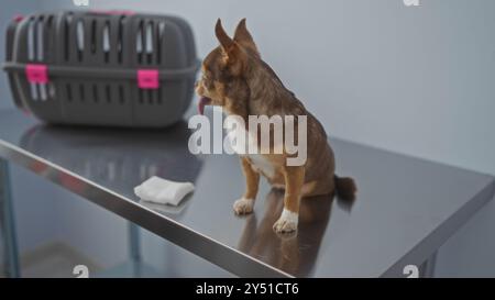 Un chihuahua con la lingua fuori si siede su un tavolo metallico presso l'ufficio del veterinario, accanto a un trasportino per animali domestici e a un tampone di garza. Foto Stock