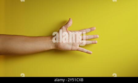 Mano che estende le dita su uno sfondo giallo brillante, evidenziando la consistenza del palmo aperto e della pelle in una composizione minimalista e colorata. Foto Stock