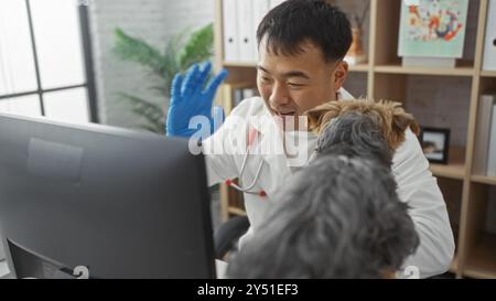 Giovane uomo asiatico veterinario in una clinica che esamina un piccolo cane, indossando guanti e sorridendo allo schermo in un luogo di lavoro veterinario. Foto Stock