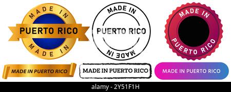 Made in Puerto Rico produzione di prodotti di produzione esportazione di pubblicità timbro fregio colorato gradiente stemmi adesivi design set collezione Illustrazione Vettoriale