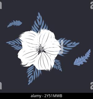 Moderno motivo floreale senza cuciture. Il fiore bianco disegna lo stile dei gamberi su sfondo blu scuro. Un tradizionale tessuto con motivo floreale senza cuciture Tropical bicol Illustrazione Vettoriale