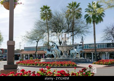 Fontana di bronzo a cavallo a Scottsdale, Arizona Foto Stock