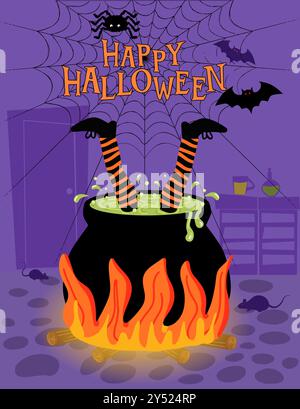 Divertente biglietto di auguri di Halloween o invito con un'illustrazione di una strega caduta nel calderone della pozione e vediamo solo le sue gambe Illustrazione Vettoriale
