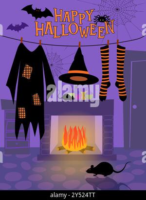 Divertente biglietto d'auguri di Halloween o invito con un'illustrazione di abiti da strega appesi alla stecca di fronte al camino e pipistrelli, topi Illustrazione Vettoriale