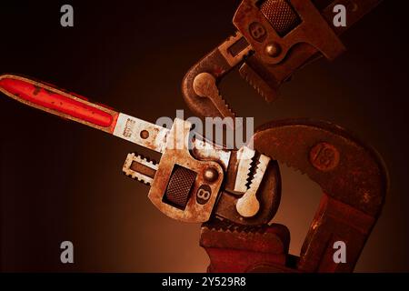 Utensili antichi arrugginiti (chiavi stringitubo) Foto Stock