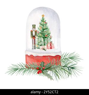 Composizione acquerello di un globo di neve con un albero di Natale decorato, regali e schiaccianoci all'interno, albero di agrifoglio e rami di abete. Foto Stock