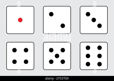 Set di icona dei dadi di gioco nel design del contorno. segno di gioco. Icona vettoriale di gioco dei dadi impostata in bianco e nero isolata su sfondo bianco. Illustrazione Vettoriale