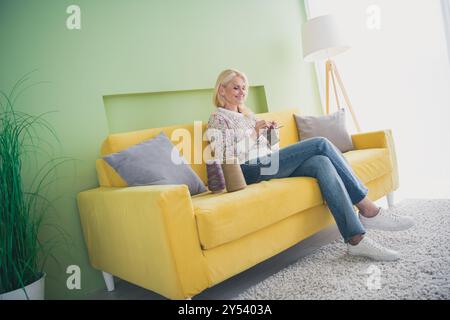 Ritratto a tutto tondo di una signora anziana seduto su un divano a maglia, cucire il soggiorno in appartamento all'interno Foto Stock