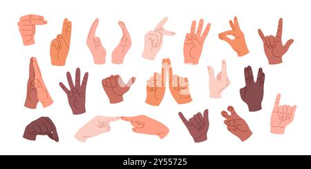 Mani umane con diversi gesti e posizioni. Illustrazione Vettoriale
