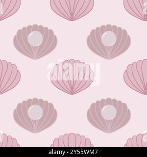 Motivo vettoriale senza cuciture con conchiglia e perla su sfondo rosa polvere. Ornamento di molluschi. Illustrazione vettoriale Illustrazione Vettoriale