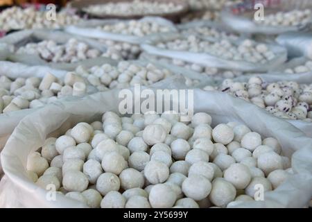 Il formaggio salato Varios, noto anche come qurt o cagliata o kurt in sacchetti, è venduto al bazar uzbeko, in uzbekistan. Cucina nazionale. Selezionare la messa a fuoco Foto Stock