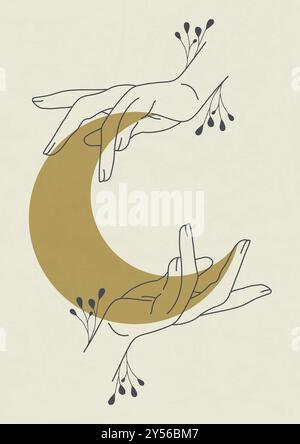 Arte magica boho celeste con mani di donna e luna. Cartolina per poster con illustrazioni contemporanee in stile bohémien. Arte 2d estetica con tarocchi cosmici mistici Illustrazione Vettoriale