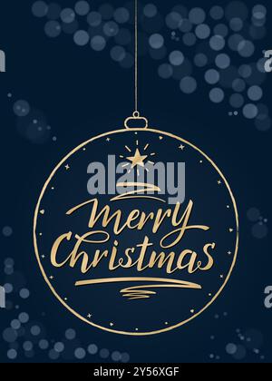 Buon biglietto di auguri di Natale. Iscrizione scritta a mano su una palla sospesa di Christmass. Colpo di penna e stella dell'albero di Natale. Lettere a mano in oro Illustrazione Vettoriale