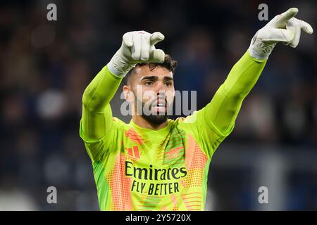 Bergamo, Italia. 19 settembre 2024. David Raya dell'Arsenal FC gesti durante la fase di UEFA Champions League 2024/25 partita di calcio tra Atalanta BC e Arsenal FC. Crediti: Nicolò campo/Alamy Live News Foto Stock