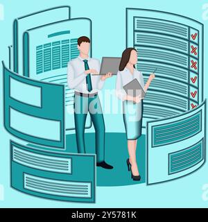 Uomo e donna studiano i risultati del sondaggio per identificare e comprendere i problemi del processo decisionale. Concetto di business. Illustrazione vettoriale 2D. Illustrazione Vettoriale
