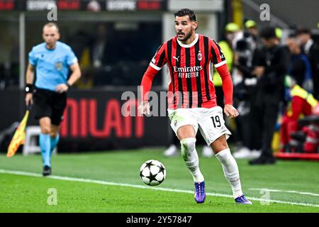 Stadio San Siro, 17.09.24: Theo Hernandez (19 AC Milan) in azione durante la UEFA Champions League, partita di fase di campionato tra AC Milan e Liverpool FC allo stadio San Siro di Torino, calcio italiano (Cristiano Mazzi / SPP) Foto Stock