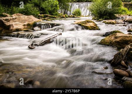 Una tranquilla scena fluviale caratterizzata da acqua che scorre sopra le rocce, con una piccola cascata sullo sfondo circondata da lussureggiante vegetazione Foto Stock