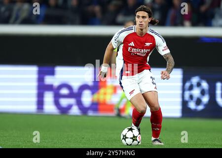 Bergamo, Italia. 19 settembre 2024. Riccardo Calafiori dell'Arsenal FC in azione durante la partita di calcio di UEFA Champions League tra Atalanta BC e Arsenal FC. Crediti: Marco Canoniero/Alamy Live News Foto Stock