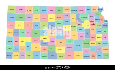 Kansas, stato degli Stati Uniti, suddiviso in 105 contee, mappa politica multicolore con la capitale Topeka, confini e nomi di contea. Foto Stock