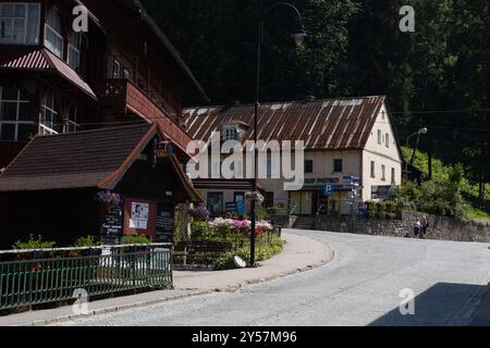 Miedzygorze, Polonia - 19 giugno 2024: Case e negozi nella strada principale della località turistica Miedzygorze, nei monti del massiccio di Snieznik. Foto Stock