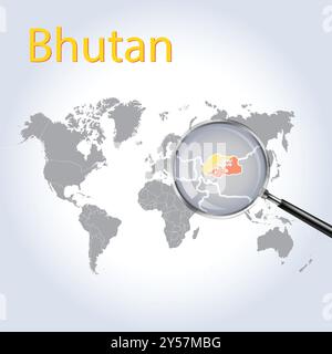 Mappa ingrandita e bandiera del Bhutan, mappe di allargamento del Bhutan, arte vettoriale Illustrazione Vettoriale