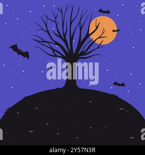 Halloween, un albero infestato da fantasmi su una collina. Spaventoso albero spaventoso su sfondo e pipipistrelli della notte di Halloween a luna piena. Festa di Halloween con scherzi o scherzi. Foto Stock
