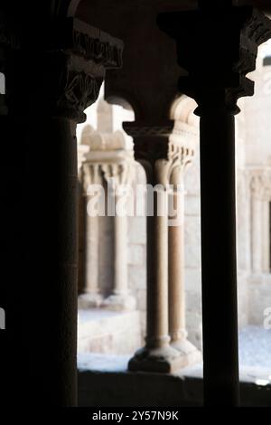 Barcellona, Spagna, 4 settembre 2008, i tranquilli archi del chiostro del monastero di Sant Pau del campo rivelano intricati lavori in pietra e un'atmosfera tranquilla a Barcellona Foto Stock