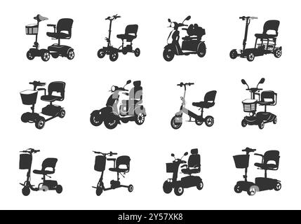 Silhouette scooter Mobility, pacchetto vettoriale scooter Mobility, Clipart scooter Mobility, set vettoriale scooter Mobility. Illustrazione Vettoriale