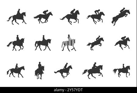 Silhouette equestre, silhouette equitazione, set vettoriale equestre, vettori equitazione, silhouette sportiva equestre, set clipart equestre. Illustrazione Vettoriale