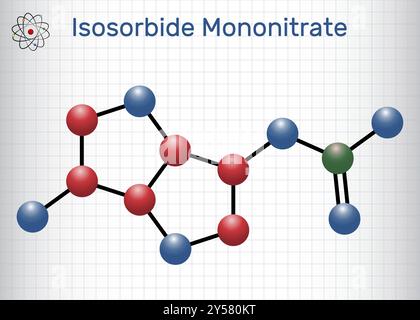 Molecola di isosorbide mononitrato. Usato per trattare l'angina causata da malattia coronarica. Modello molecolare. Foglio di carta in gabbia. Vettore Illustrazione Vettoriale