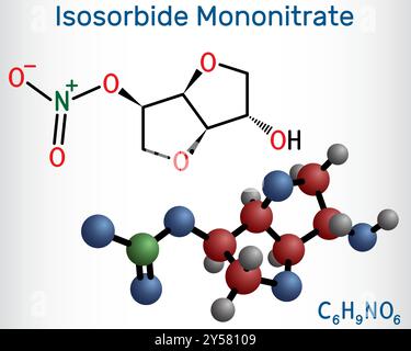 Molecola di isosorbide mononitrato. Usato per trattare l'angina causata da malattia coronarica. Formula chimica strutturale, modello molecolare. Vettore Illustrazione Vettoriale