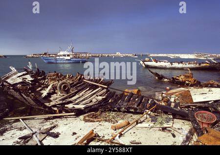 Prima guerra del Golfo: L'8 marzo 1991 distrutta dall'esercito iracheno in fuga, le costole nere e bruciate della flotta di dhow del Kuwait gettavano il porto delle navi antiche di Kuwait City. Le barche da pesca in legno sono il simbolo nazionale del Kuwait. Foto Stock