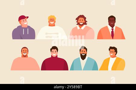 Collezione di avatar da uomo moderno. Uomini di diversa apparenza e nazionalità Illustrazione Vettoriale