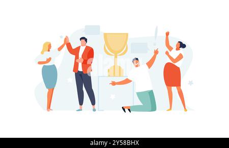 Squadra di uomini d'affari che festeggia una vittoria vicino alla coppa. Illustrazione vettoriale del progetto aziendale di successo Illustrazione Vettoriale