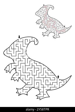Labirinto geometrico di dinosauro per bambini. Attività stampabile in età prescolare a forma di Parasaurolophus. Gioco del labirinto di terra Dino per bambini. Carino preistore Illustrazione Vettoriale
