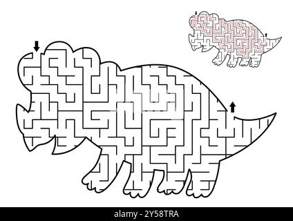 Labirinto geometrico di dinosauro per bambini. Attività stampabile in età prescolare a forma di triceratopo. Gioco del labirinto di terra Dino per bambini. Carina preistorica a Illustrazione Vettoriale