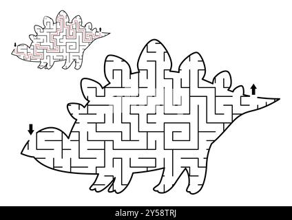 Labirinto geometrico di dinosauro per bambini. Attività stampabile in età prescolare a forma di stegosauro. Gioco del labirinto di terra Dino per bambini. Carini ani preistorici Illustrazione Vettoriale